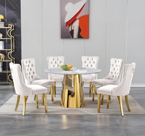 Image of 7-Piece Round Dining Table Set for 6, Modern Faux Marble Kitchen Table and Beige Velvet Chairs Set of 6, Luxury 45 inch Circle White Gold Dining Room Tables with Stainless Steel Base