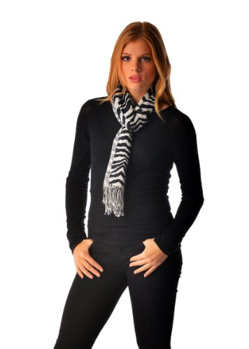 Cashmere Boutique: Zebra Print Cashmere Scarf Hand Printed (Color: Zebra Print, Size: 12" x 60")2