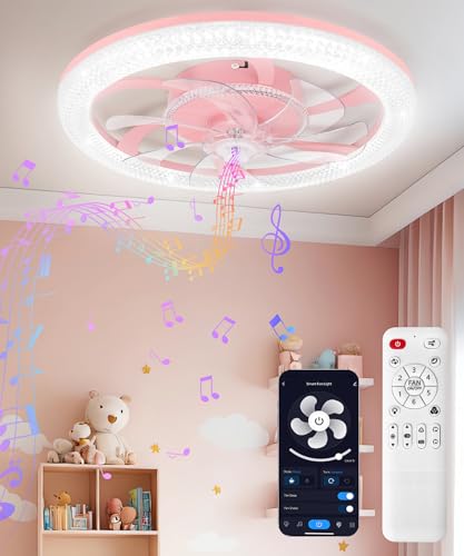 Vookea Kids Ceiling Fan with Light 20 Smart Low Profile Ceiling Fans Dimmable Flush Mount LED Fan Light with Remote Control Bluetooth Bladeless Fans with APP for Bedroom Pink