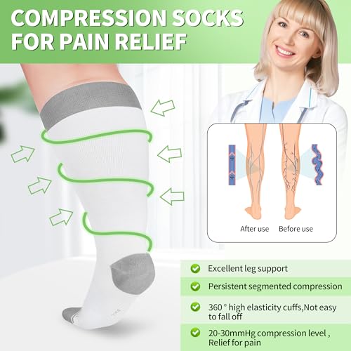 Image of UISLII Plus Size Compression Socks Wide Calf Women Men,5 Pairs 20-30mmHg Extra Width Calf Viscose Knee High Compression Socks for Circulation Support