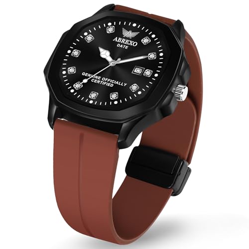 Image of Abx4900-Captain Series Date Working Square Black Dial Brown Magnetic Silicon Strap Analog Watch Quartz Mechanism