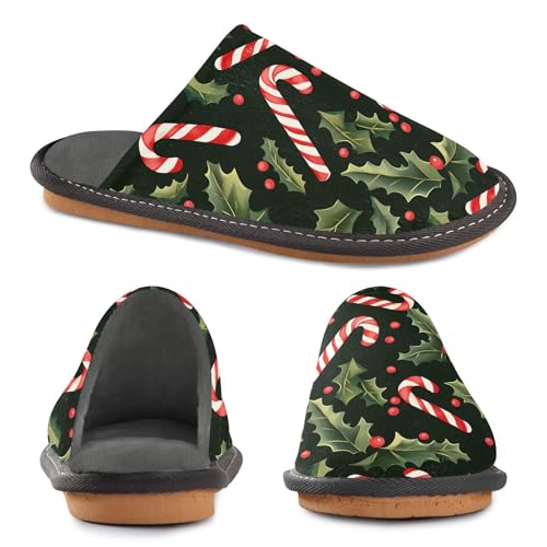 Slippers for Women Candy Cane Holly Leave Pattern Soft Winter Warm Shoes Indoor Outdoor Non-Slip House Travel Slippers4