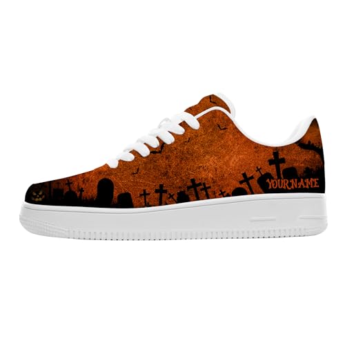 Personalized Custom Name Halloween Low-Top Sneakers Womens, Cute Spooky Print Popular Casua Comfortable Outdoor Everyday Walking Shoes, White Fashion Sneakers for Women2