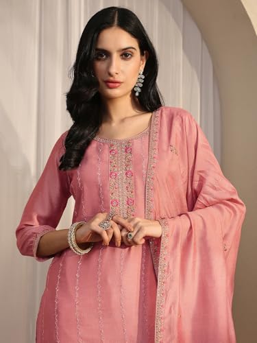 Image of Libas Embroidered Silk Blend Straight Kurta With Trouser and Dupatta