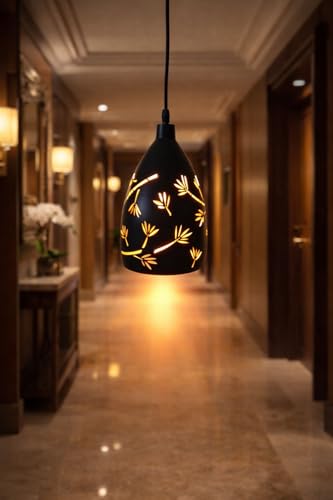 Image of Modern Black Hanging Pendant Light with Geometric Cut Design, Warm Glow Decorative Ceiling Lamp for Living Room, Bedroom, Dining Area, Cafe & Home Decor
