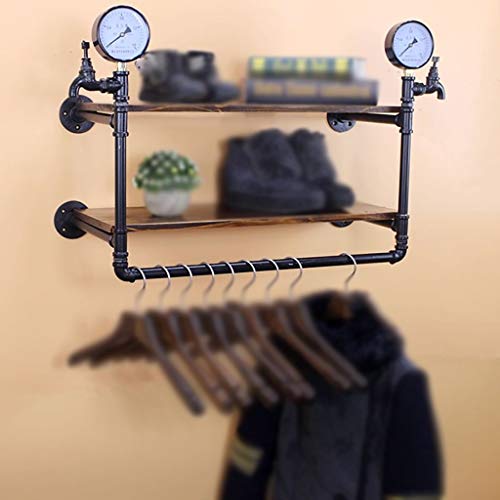 Estante de ropa para pared industrial con soporte de tubería retro y balda de madera maciza