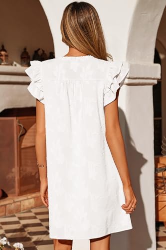 Image of Dokotoo Womens Summer Dresses 2026 Ruffle Short Sleeve Casual V Neck Smocked Floral Burnout Mini Dress Sundress