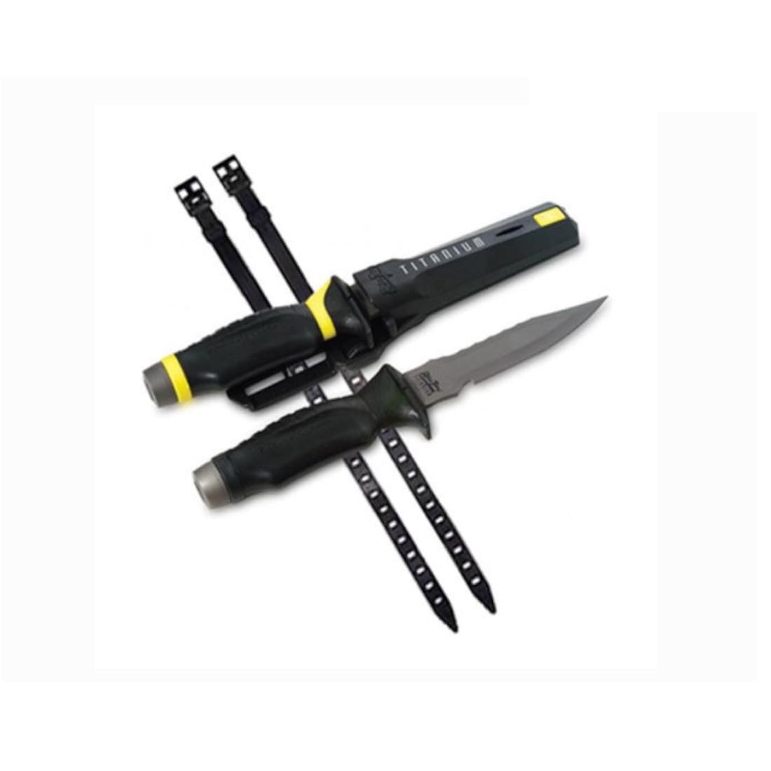 UK Blue Tang Sharp Drop Tip Titanium Scuba Dive Knife with Sheath and Straps (Black/Yellow)