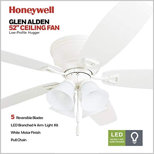 Honeywell Ceiling Fans Glen Alden, 52 Inch Classic Flush Mount Indoor LED Ceiling Fan with Light, Pull Chain, Quick-2-Hang Dual Finish Blades, Reversible Motor - 50520-01 (White) - Thumbnail 2