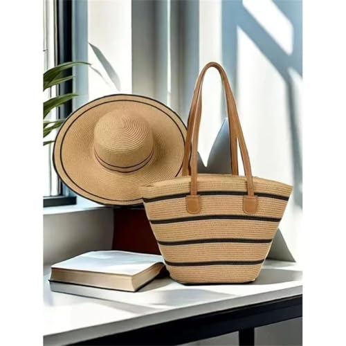Women's Trendy Straw Woven Hat And Bag Set Wide Brim Face Slimming Tote For Travel Beach Essentials3