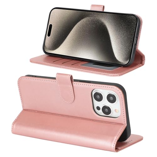 Image of for iPhone 15 Pro Max Case Wallet with Card Holder,for iPhone 15 Pro Max Wallet Case for Women Men,PU Leather Shockproof Magnetic Buckle Stand Flip Phone Case-Rose Gold
