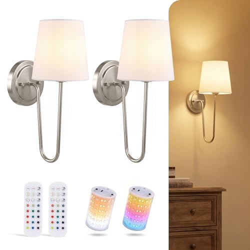 Image of CLOUDY BAY 10000mAh Battery Operated Wall Sconces,Up to 100 Hours with Rechargeable RGB Dimmable Magnetic Bulb,Cordless Wall Lighting Fixtures with Remote for Bedroom,Brushed Nickel,2 Pack-15.4in