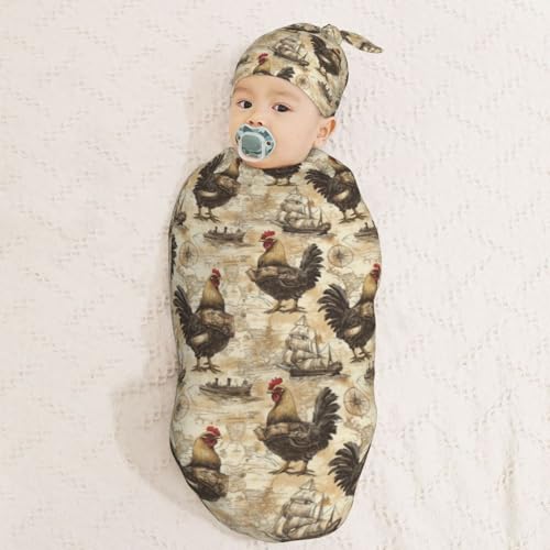 Image of Chickens in Pirate Attire Newborn Swaddle Blankets Hat Sets Soft Baby Receiving Blanket Swaddle Sack for Baby Shower Infant Boy Girl Gift