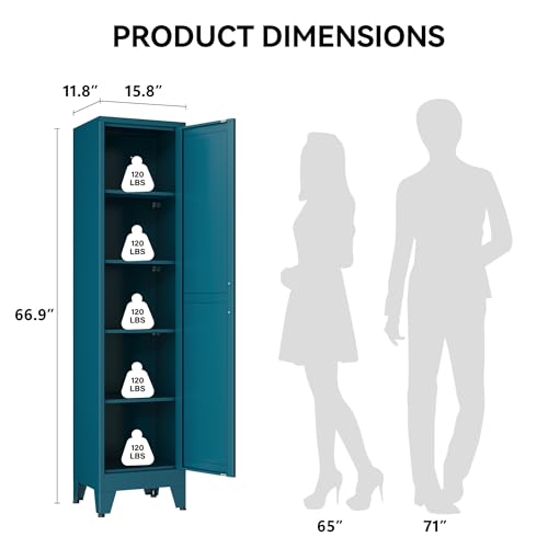 Image of COFaR 67 inch Metal Narrow Storage Cabinet, Peacock Blue Slim Storage Cabinet with Magnetic Door & 4 Adjustable Shelves, Slim Freestanding Cupboard for Bathroom, Kitchen