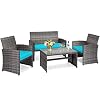 Tangkula 4 PCS Wicker Patio Conversation Set Outdoor Rattan Sofas with Table Set Patio Furniture Set with Soft Cushions Tempered Glass Coffee Table for Poolside Balcony
