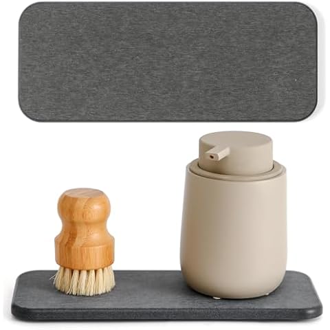 WALL QMER Fast Drying Stone Soap Tray, 9.9'' × 4'' Stone Drying Tray & Toothbrush Holders for Bathroom Counter, Diatomaceous Earth Water Absorbing Stone Tray for Sink, Dark Gray, 1 Pack Cover
