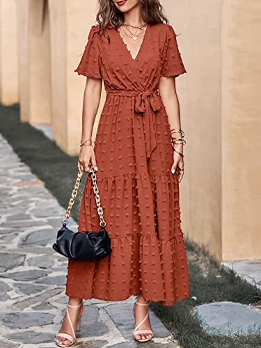 Image of MASCOMODA Women Boho Swiss Dot Maxi Dresses Wrap V Neck Flutter Short Sleeve Solid Tie Waist A Line Tiered Flowy Long Dresses