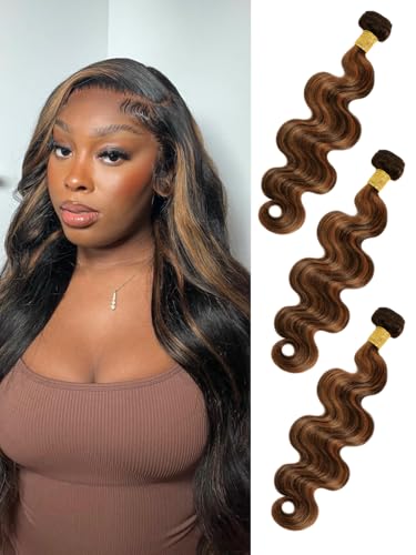 Anmetan Brown Highlight Bundles Human Hair Body Wave 16/18/20 Inch,