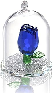 H&D HYALINE & DORA Crystal Rose Flower Figurine Dreams Ornament in a Glass Dome Gifts for her (Blue)