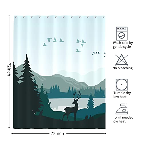 Seorsok Deer Forest Shower Curtain Set, Mountain Landscape Shower Curtain,Waterproof Fabric Shower Curtains Nature Tree Birds Woodland Decorative Bathroom Bath Curtain Decor With 12 Hooks-72 Wx72 L #TOP5