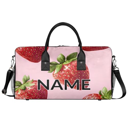 Personalized Fruit Strawberry Travel Duffel Bag with Name, Custom Gym Sport Bag Green Leaf Summer Carry On Weekend Overnight Duffel Bag for Men Women