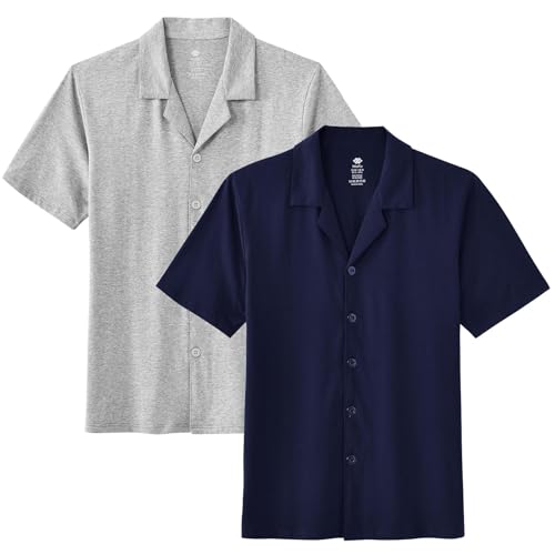MoFiz Pjs Mens Button Up Pajama Shirt Cotton Mens Sleepwear Tops Cool Mens Pajama Tops Breathable Skin Friendly Light Grey/Navy
