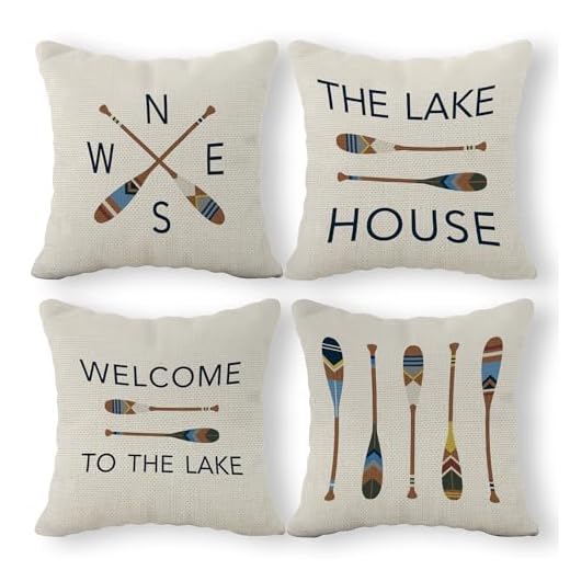 SiuSue Lake House Decor Lake Pillows Case 18 x 18 Inch Set of 4, Lake Paddle Decor, Lake House Rules Decor, Lake House Decor, Lake House Room Decor Pillows Cover for Sofa Couch Bed (Whiter)
