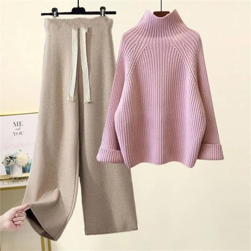 Women Sweater Suit Autumn Winter Turtleneck Knitting Sweater and Wide Leg Pants Sets Elegant Loose Jumpers Pullover3