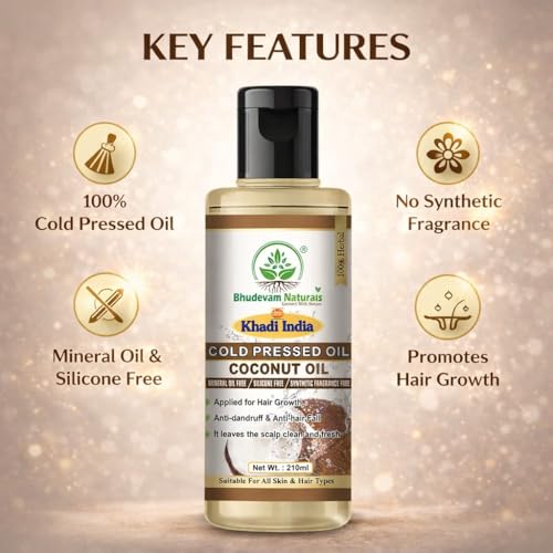 Image of Bhudevam Naturals Khadi Cold Pressed Pure Coconut Oil For Skin & Hair | Helps to Prevents Hairfall | Moisturizing and Nourishing For All Hair And Skin Types (210ml)