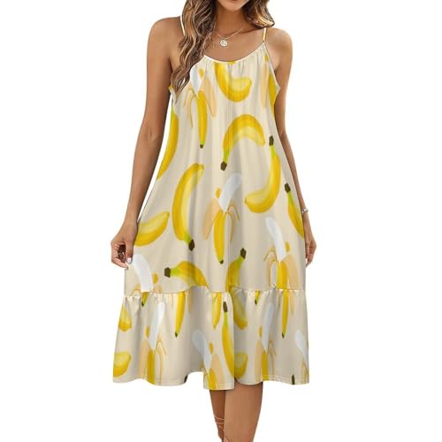Banana Pattern Women's Maxi Dress Summer Casual Sleeveless Spaghetti Strap Sundress L