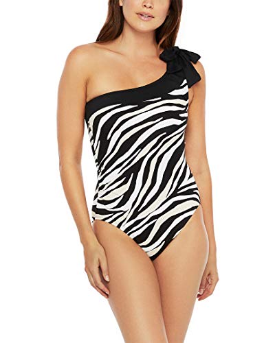 La Blanca Women's Shoulder One Piece Swimsuit, Black/Cream//Abstract Zebra, 10