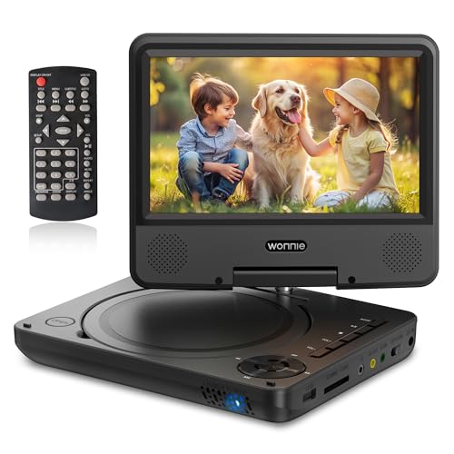 WONNIE 9.5' Portable DVD Player for Kids with 7.5' Swivel Screen, 6 Hours Rechargeable Battery, Car DVD Player with AV in/Out, Dual Speakers, Remote Control, Support USB/SD Card/Sync TV, All Regions