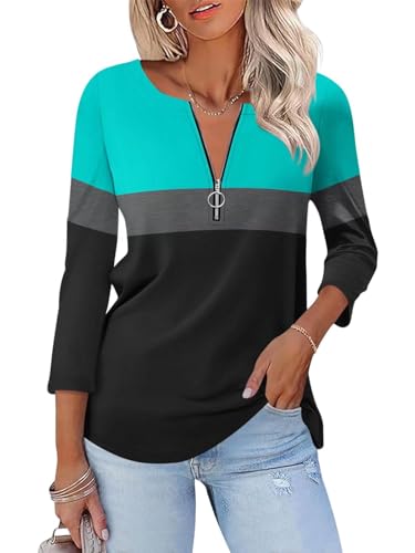 ORANDESIGNE Women’s 3/4 Length Sleeve Tops Summer Color Block Zipper T Shirts Casual Ladies Tees