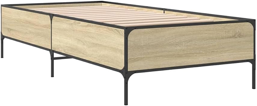 Small Single Bed Frame 75x190 cm Sonoma Oak Engineered Wood with Metal Legs & Plywood Slats Modern Stable Design for Kids Guestroom or Compact Loft Spaces