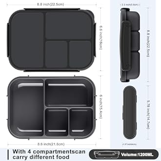 Amathley Lunch Box Kids,Bento Box Adult,Leakproof Lunch Containers for Adults/Kids/Toddler,1200ML-4 Compartments bento Lunch box with Utensil,Microwave & Dishwasher & Freezer Safe (Dark Gray)