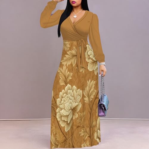 Image of Women's Plus Size Maxi Dresses Long Sleeves V Neck Floral Print Bohemian Swing Long Dress with Belt