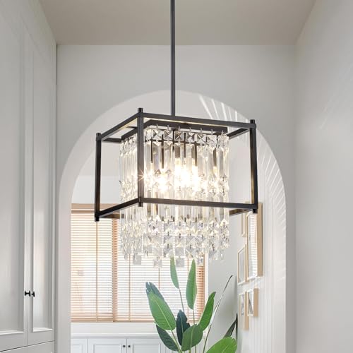 JHLBYL Lámpara de araña de cristal negro, 4 Luz Industrial Semi-flush Mount Lámpara de techo colgante con pantalla de metal cuadrada, Moderna lámpara colgante con E14 Base regulable, Lámpara de techo