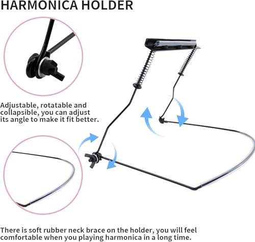 Image of Mozart 10 Hole Harmonica Mouth Organ Harp Holder Black | Adjustable Neck Holder Stand for 10 Hole Mouth Harp | Hands Free Playing for Guitarists and Musicians