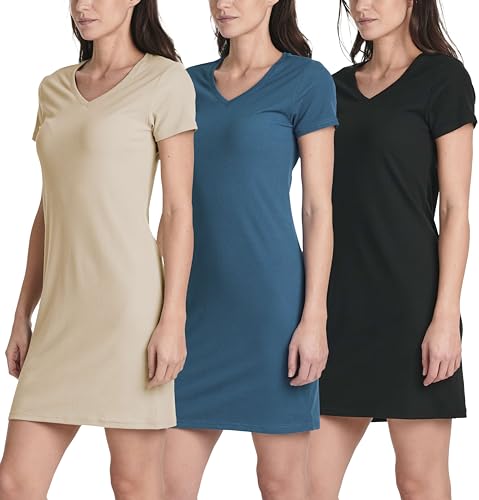 Image of Real Essentials 3 Pack: Women's Ribbed Knit Short-Sleeve V-Neck Swing T-Shirt Casual Dress (Available in Plus)