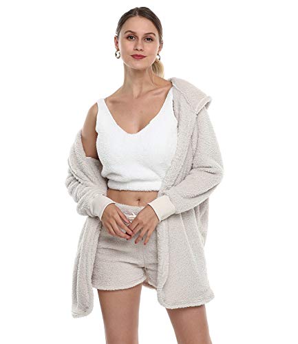 Womens Sexy Fuzzy Warm Sherpa Fleece 3 Piece Outfit Fleece Coat Jacket Outwear And Spaghetti Strap Crop Top Shorts Set (White, S) #TOP1