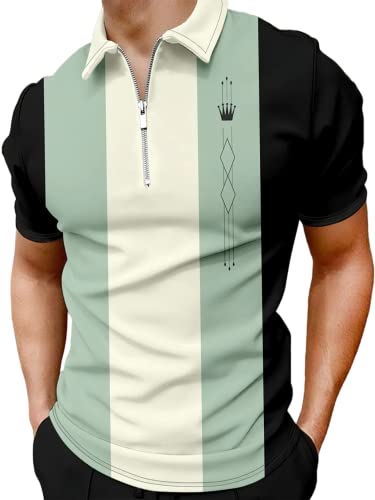 Men's Short Sleeve Polo Shirt Zipper Summer Slim Fit Classic Striped Geometric Color Block Print Golf Shirts Tops #TOP14