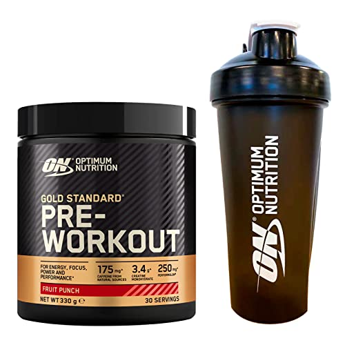 Optimum Nutrition Gold Standard Pre-workout in Polvere con Creatina per Energia e Forza Aggiuntiva con Vitamina B1 B6 e B12 Gusto Frutta Mista 30 Porzioni 330g + Shaker