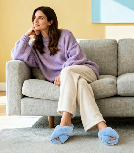 Image of Ankis Women's Fuzzy Slippers Cross Band Memory Foam Open Toe Comfy Soft House Shoes Anti-Slip Indoor Outdoor Gifts for Women