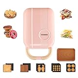 Wafflera para la familia, máquina de gofres individual 5 en 1, plancha portátil de 650 W, con placas de cocina antiadherentes profundas, platos desmontables e intercambiables, color rosa