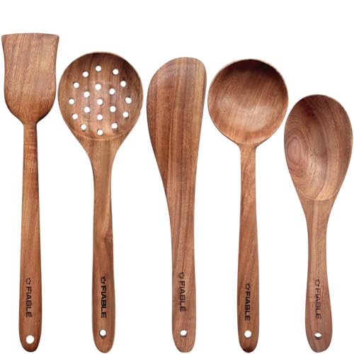 Image of FiABLE Pure Neem Wood Spatula Set for Cooking, Frying & Serving | No Polish | Naturally Antimicrobial & Non Stick - Flip & Serve Set of 5