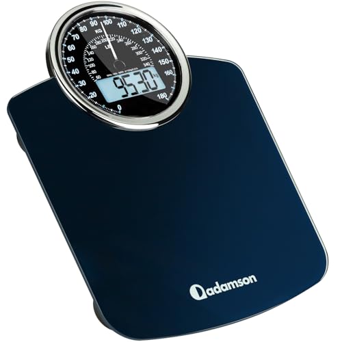 Balance de Salle de Bain Hybride 2 en 1 Adamson, Analogique et Numérique, pour un Poids Corporel jusqu'à 180 kg - Verre épais - Écran Extra Large - Lecture Facile - Bleu avec Rétroéclairage Noir
