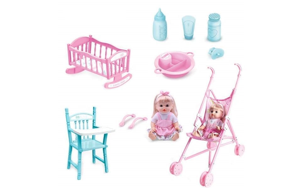 Image of DUNGRANI 3 in 1 Baby Doll Stroller Set Toys for Girls Toddlers 3-5 4-6 Year Gifts, Baby's Doll's Set with 12.5 inch Doll /1 Baby Dining Chair /8 PCS Baby Doll Accessories (Special Edition)