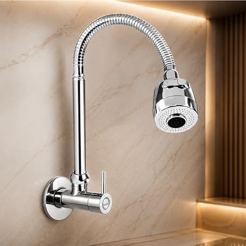Image of HOUZA Brass Kitchen Sink Tap Faucet with Pull Down Sprayer| Kitchen Tap with 360 Degree Flexible Swivel Spout | Water Saving Aerated Dual Flow Kitchen Faucet for Sink (Chrome Finish, Silver)