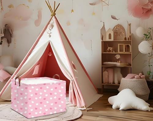 Image of Rectangle Pink Storage Basket Empty with Handles for Kids,Cute Organizer Toy Bin,Gift Basket for Girls /Kids(Pink Cute Heart)
