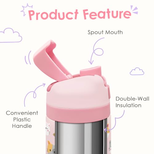 Image of Cat Kids Insulated Stainless Steel Water Bottle 16 Oz, Travel Tumbler for School, Sports for Girls, Birthday, Back To School (Pink)